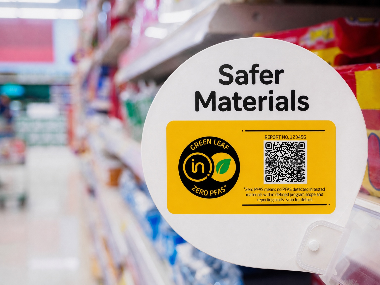the yellow label on the white color promo sign. Above the yellow label, the text "Safer Materials" is displayed