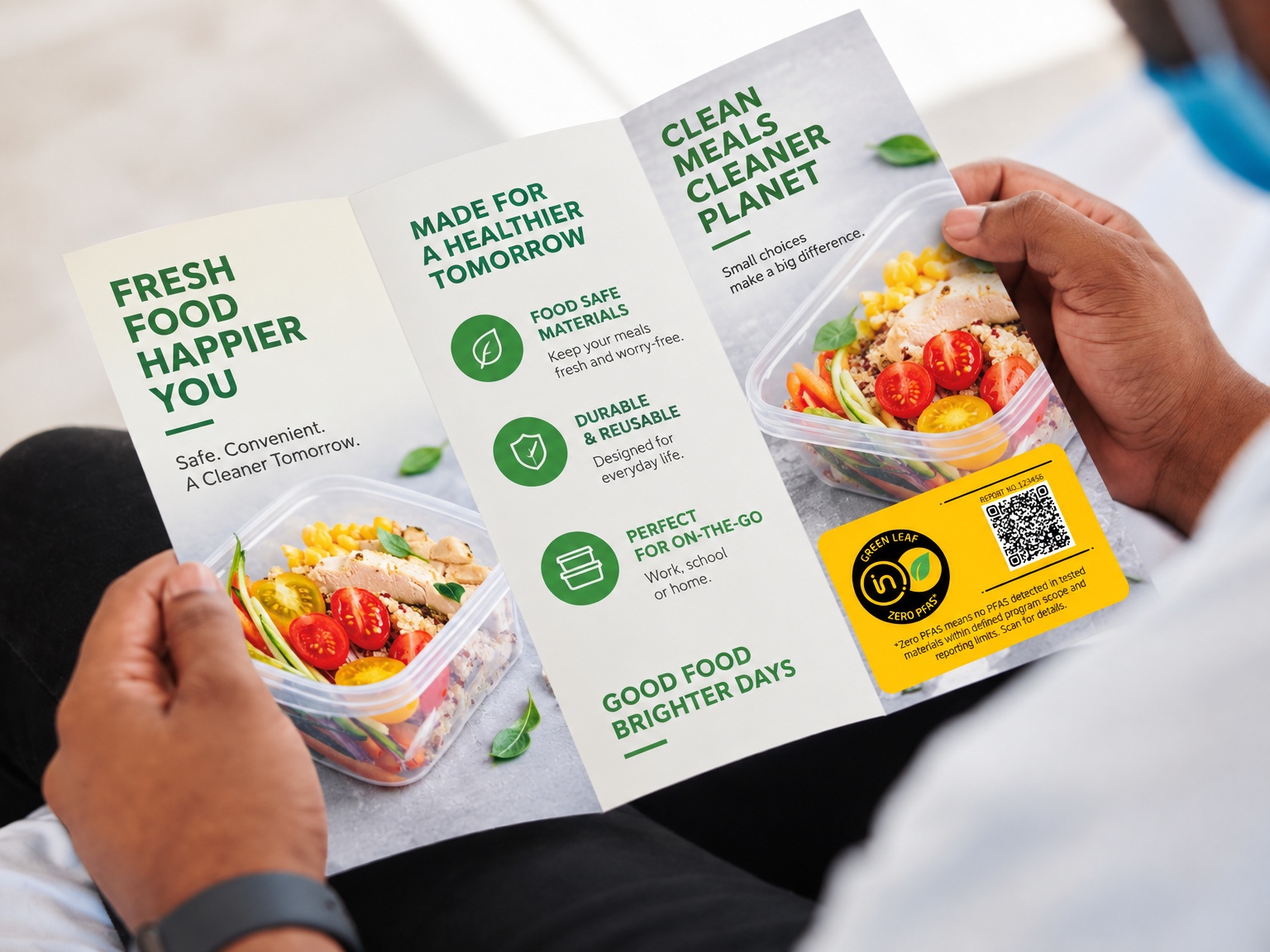 a pair of hands reading a advertisement brochure of a plastic food container, the yellow label is displayed on the brochure to promote the product feature