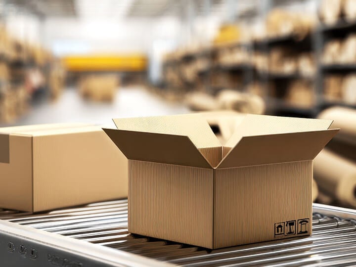 packaging boxes on conveyer belt in warehouse