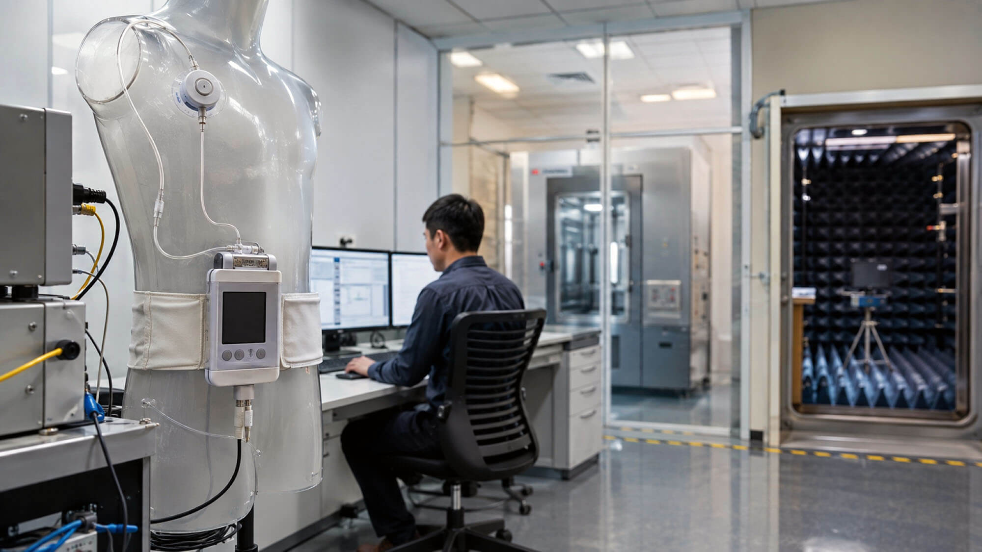 A medical device engineer reviews test data on a computer while evaluating a wearable infusion system in a medical equipment testing laboratory