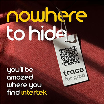 A tag labeled 'trace for good' sitting on a piece of fabric